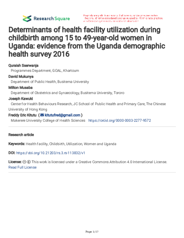 (PDF) Determinants of health facility utilization during childbirth ...