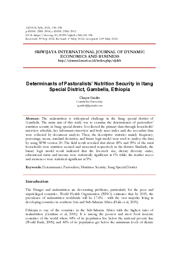 (PDF) Determinants of Pastoralists' Nutrition Security in Itang Special ...