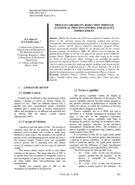 (PDF) Process Variability Reduction Through Statistical Process Control ...