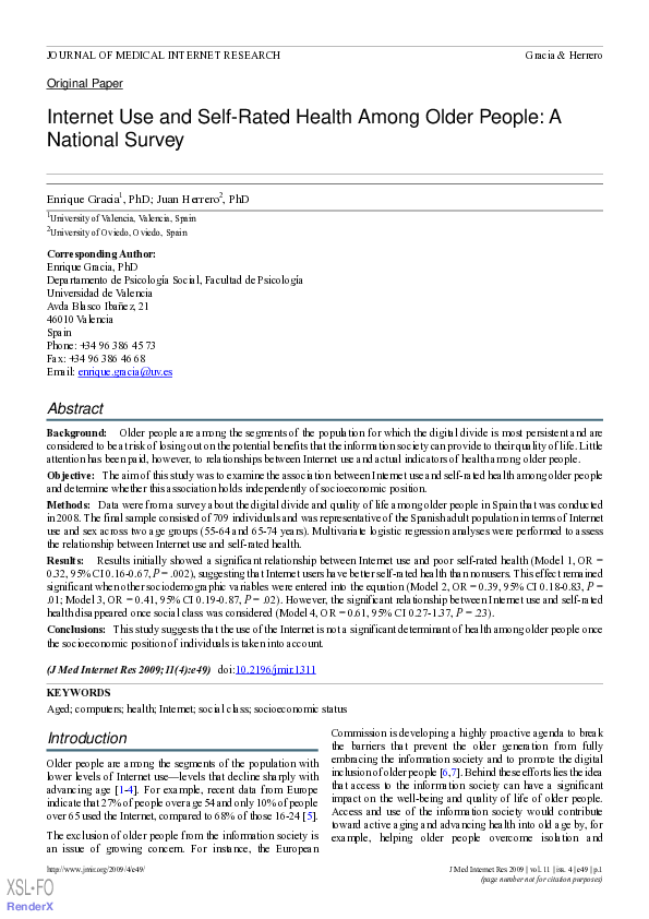(PDF) Internet Use and Self-Rated Health Among Older People: A National ...