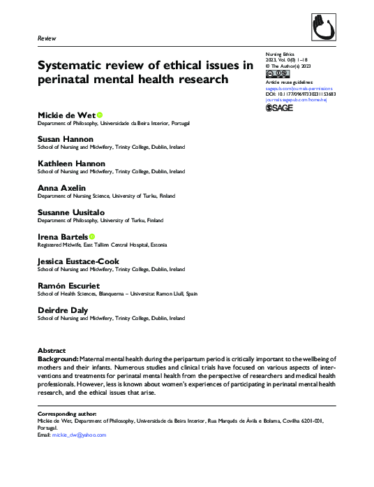 (PDF) Systematic review of ethical issues in perinatal mental health ...