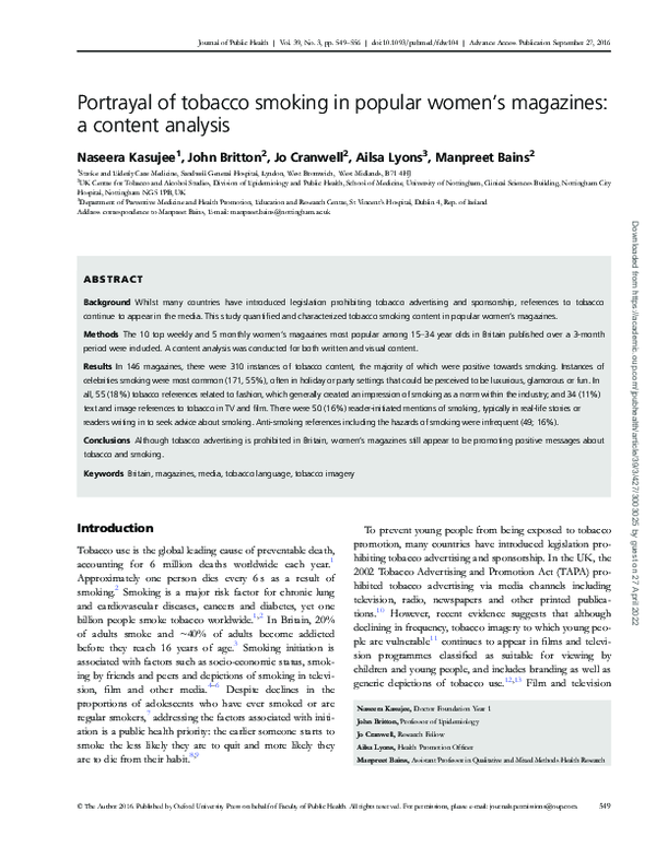 (PDF) Portrayal of tobacco smoking in popular women's magazines: a ...