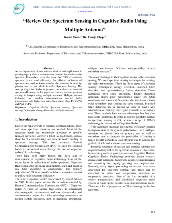 (PDF) “ Review On : Spectrum Sensing in Cognitive Radio Using Multiple ...