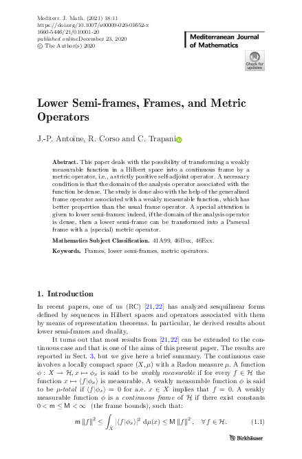 (PDF) Lower Semi-frames, Frames, and Metric Operators