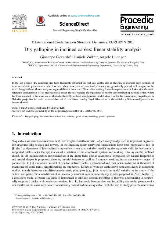 (PDF) Dry galloping in inclined cables: linear stability analysis