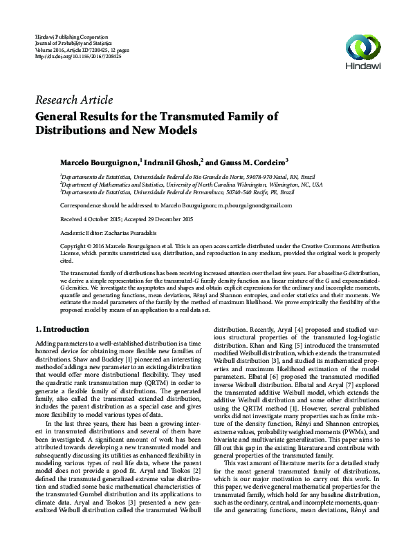 (PDF) General Results for the Transmuted Family of Distributions and ...