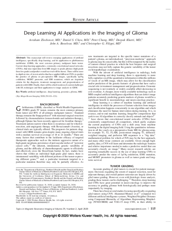 (PDF) Deep Learning AI Applications in the Imaging of Glioma
