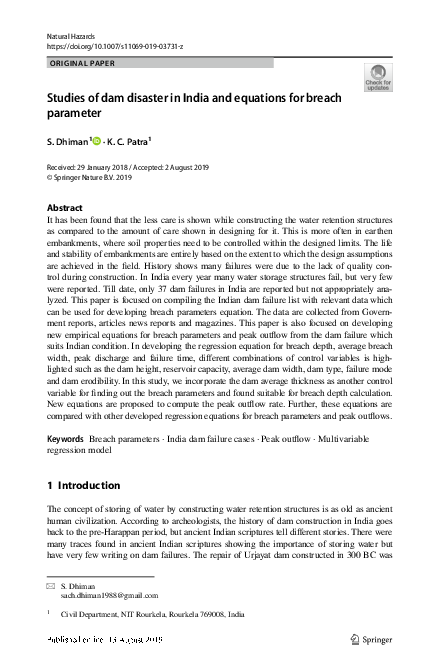 (PDF) Studies of dam disaster in India and equations for breach parameter