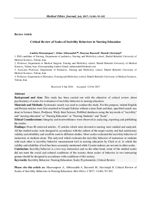 (PDF) Critical Review of Scales of Incivility Behaviors in Nursing ...