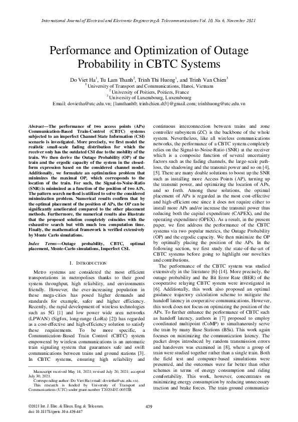 (PDF) Performance and Optimization of Outage Probability in CBTC Systems