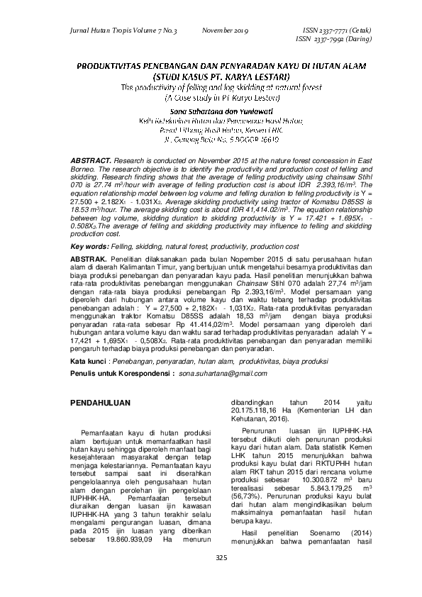 (PDF) Produktivitas Penebangan Dan Penyaradan Kayu DI Hutan Alam (Studi ...