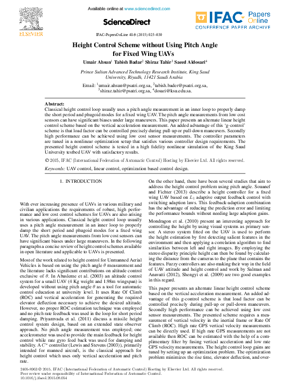 (PDF) Height Control Scheme without Using Pitch Angle for Fixed Wing UAVs