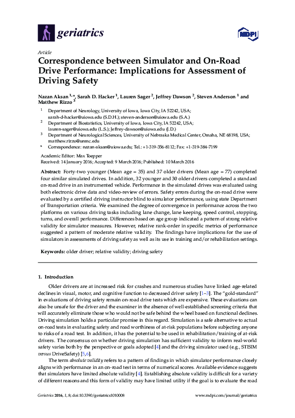 (PDF) Correspondence between Simulator and On-Road Drive Performance ...