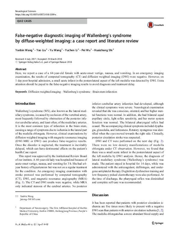 (PDF) False-negative diagnostic imaging of Wallenberg's syndrome by ...