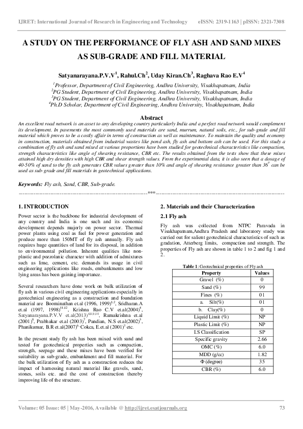 (PDF) A Study on the Performance of Fly Ash and Sand Mixes as Sub-Grade ...