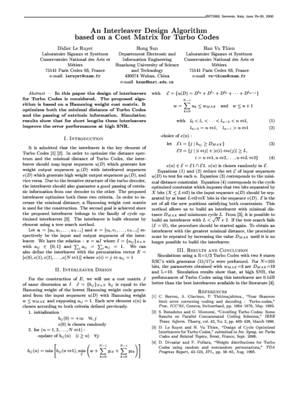 (PDF) An interleaver design algorithm based on a cost matrix for turbo ...