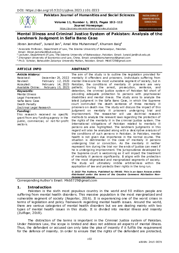 (PDF) Mental Illness and Criminal Justice System of Pakistan: Analysis ...