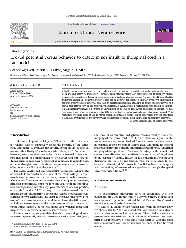 (PDF) Evoked potential versus behavior to detect minor insult to the ...