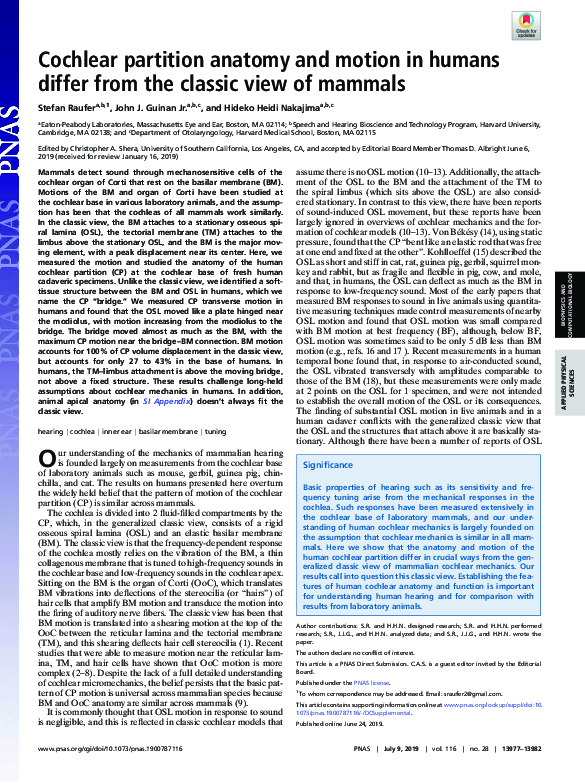 (PDF) Cochlear partition anatomy and motion in humans differ from the