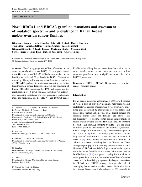 (PDF) Novel BRCA1 and BRCA2 germline mutations and assessment of ...