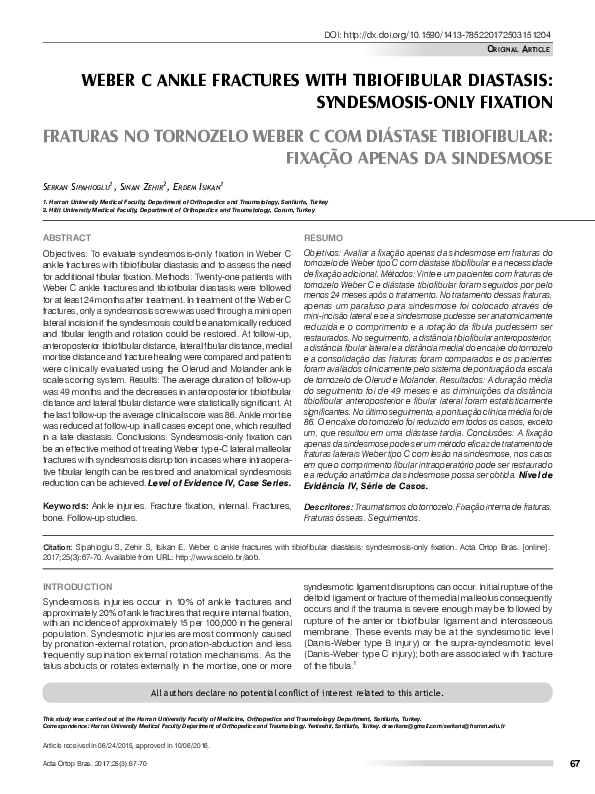 (PDF) Weber C ankle fractures with tibiofibular diastasis: syndesmosis ...