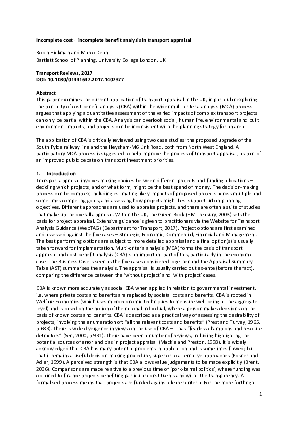 (PDF) Incomplete cost – incomplete benefit analysis in transport appraisal