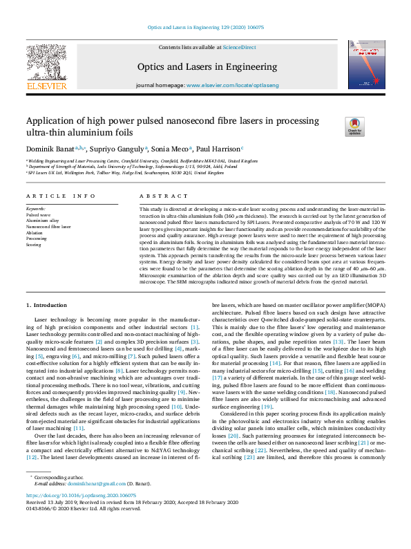 (PDF) Application of high power pulsed nanosecond fibre lasers in ...