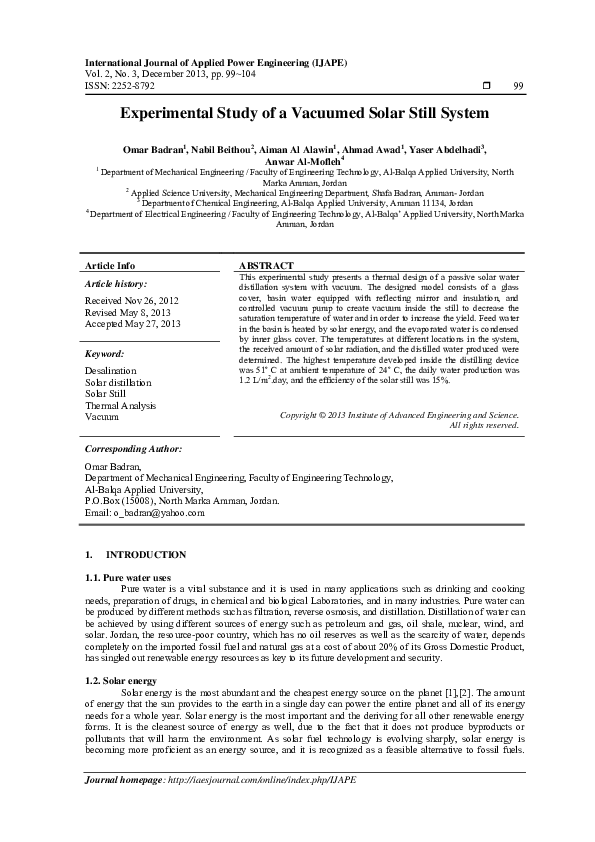 (PDF) Experimental Study of a Vacuumed Solar Still System