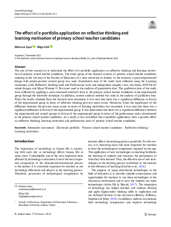 (PDF) The effect of e-portfolio application on reflective thinking and ...
