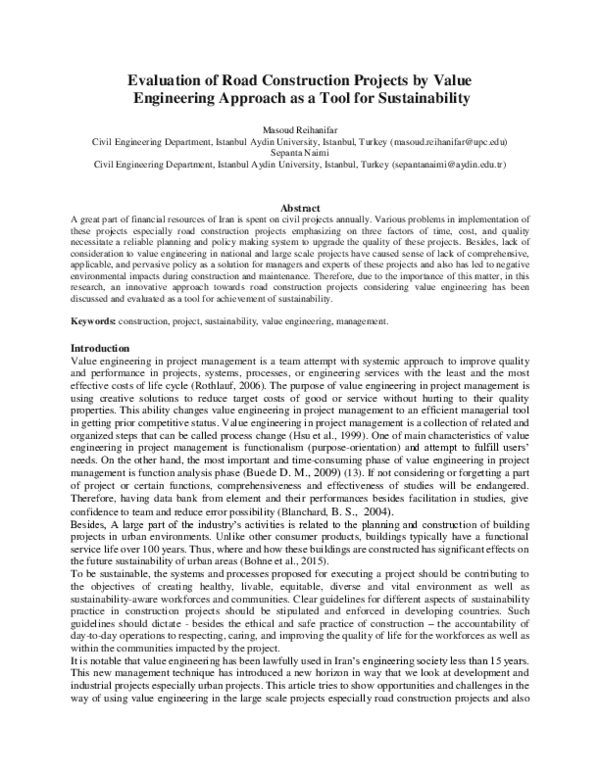 (PDF) Evaluation of Road Construction Projects by Value Engineering ...