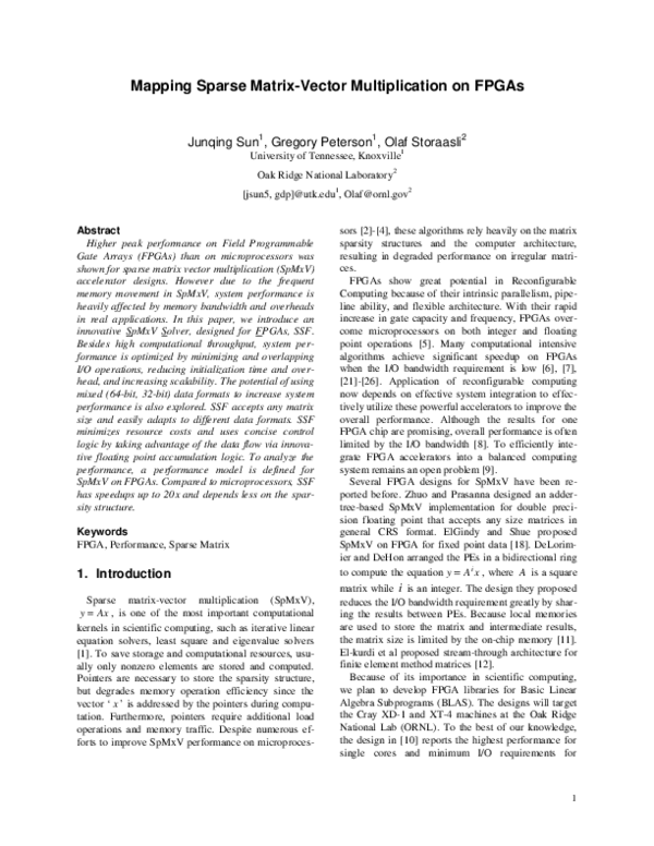 (PDF) Mapping sparse matrix-vector multiplication on fpgas
