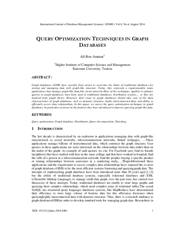 (PDF) Query Optimization Techniques in Graph Databases