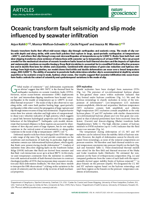 (PDF) Oceanic transform fault seismicity and slip mode influenced by ...