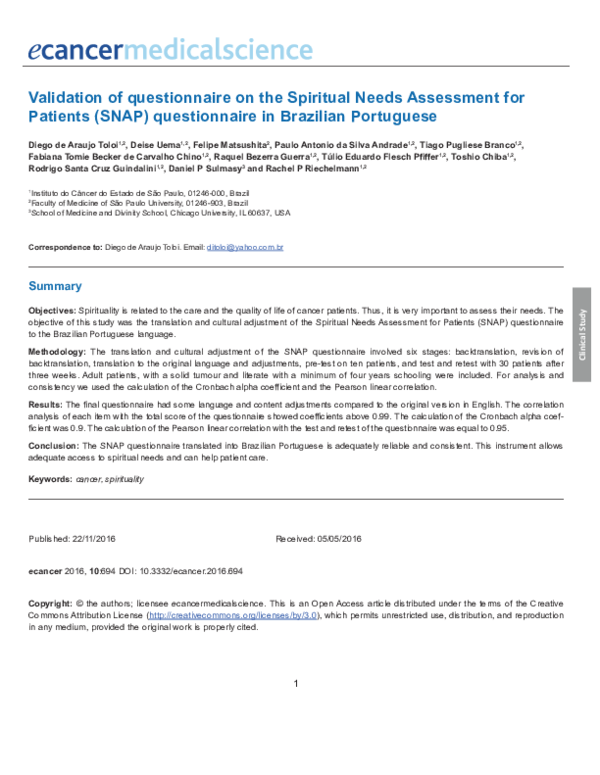 (PDF) Validation of questionnaire on the Spiritual Needs Assessment for ...