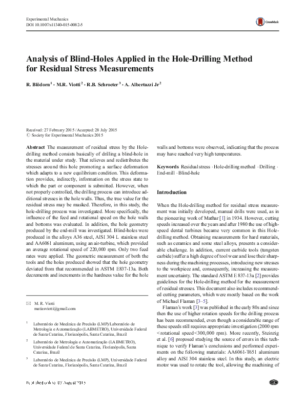 (PDF) Analysis of BlindHoles Applied in the HoleDrilling Method for