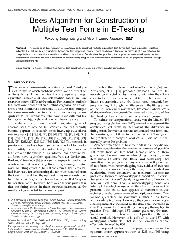 (PDF) Bees Algorithm for Construction of Multiple Test Forms in E-Testing
