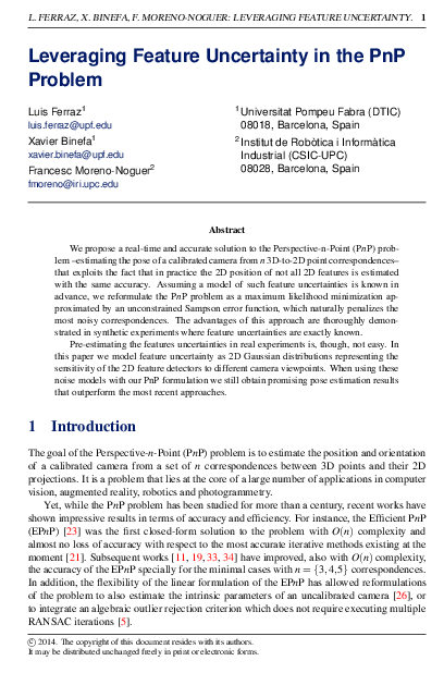 (PDF) Leveraging Feature Uncertainty in the PnP Problem