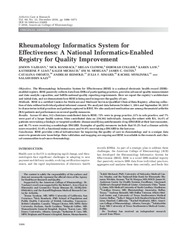 (PDF) The Rheumatology Informatics System for Effectiveness (RISE): A ...