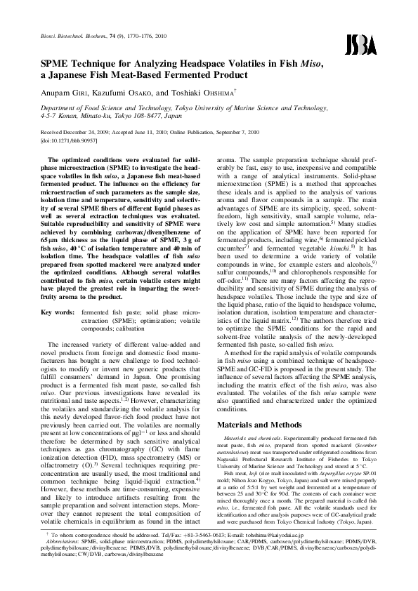 (PDF) SPME Technique for Analyzing Headspace Volatiles in Fish Miso, a ...