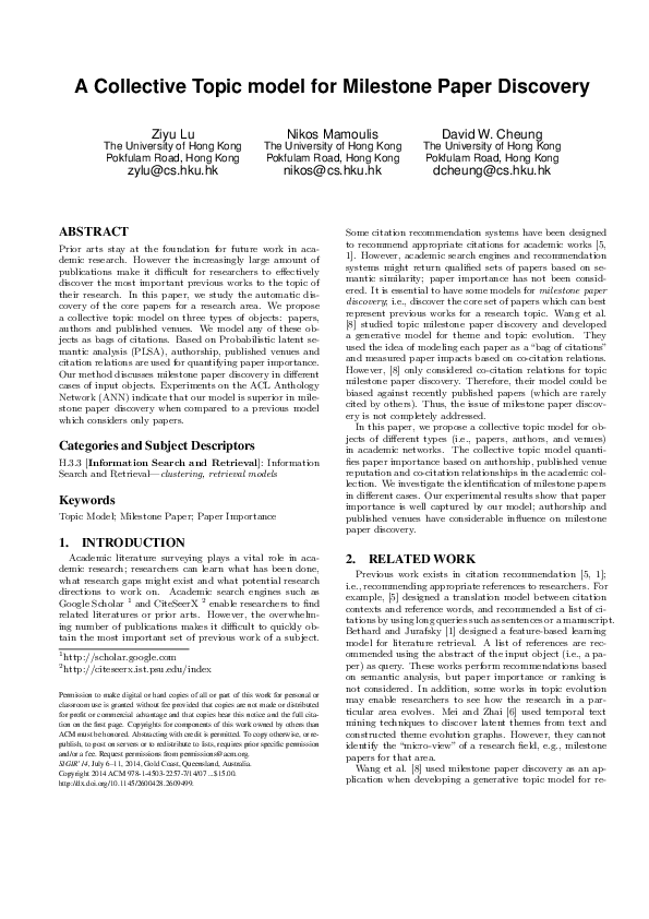 (PDF) A collective topic model for milestone paper discovery