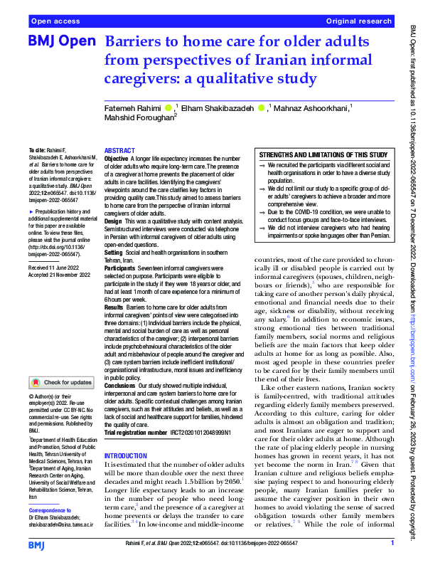 (PDF) Barriers to home care for older adults from perspectives of ...