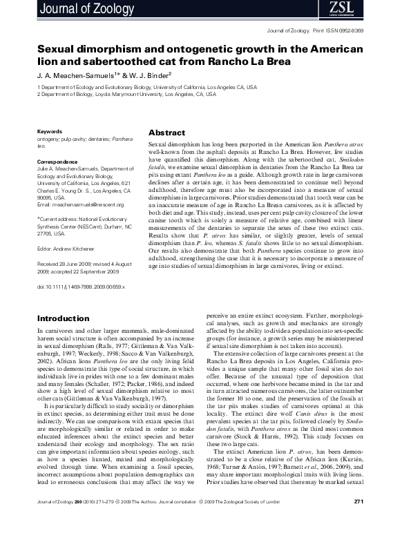 (PDF) Sexual dimorphism and ontogenetic growth in the American lion and ...