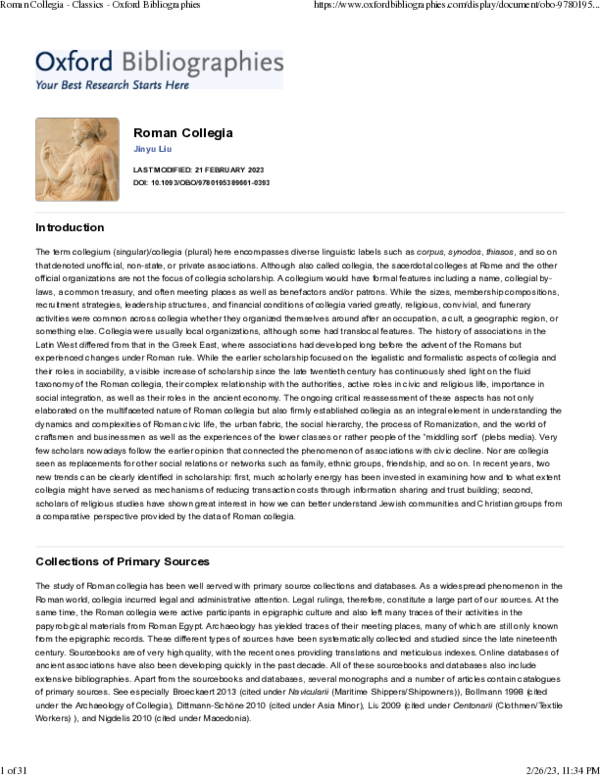 (PDF) Oxford Bibliographies: Roman collegia by Jinyu Liu