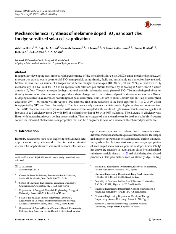 (PDF) Mechanochemical synthesis of melamine doped TiO2 nanoparticles ...