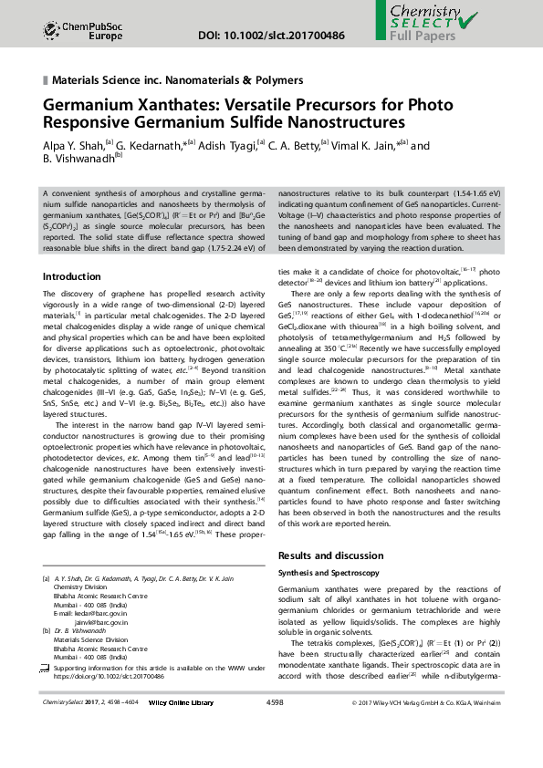 (PDF) Germanium Xanthates: Versatile Precursors for Photo Responsive ...