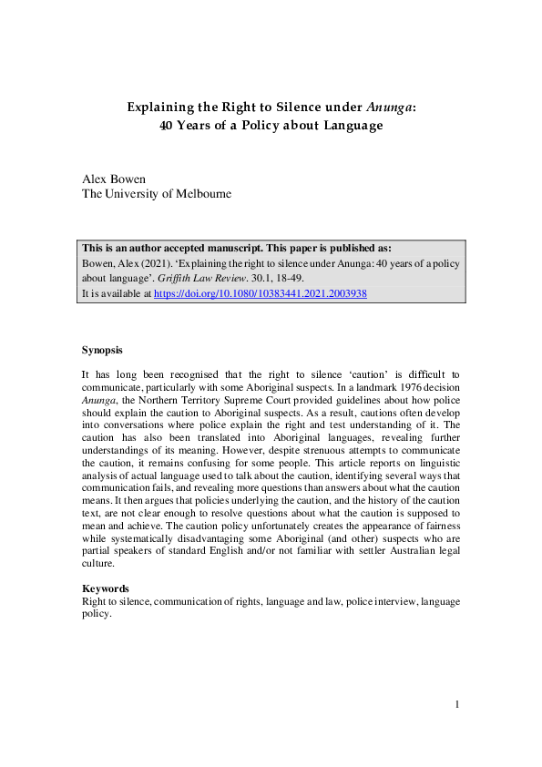 (PDF) Explaining the Right to Silence under Anunga: 40 Years of a ...