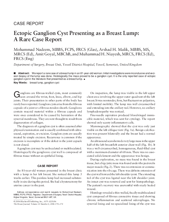 (PDF) Ectopic Ganglion Cyst Presenting as a Breast Lump: A Rare Case Report