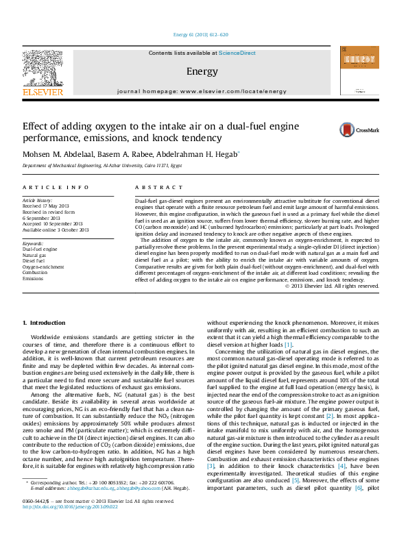 (PDF) Effect of adding oxygen to the intake air on a dual-fuel engine ...