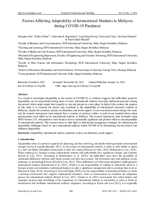 (PDF) Factors Affecting Adaptability of International Students in ...
