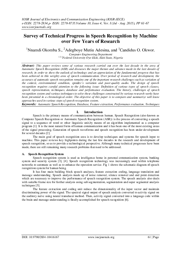 (PDF) Survey of Technical Progress in Speech Recognition by Machine ...